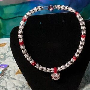 Elegant Braided Necklace - Red and Silver